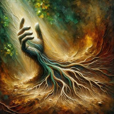 The primary subject of the image is a painting of a hand with a tree growing out of it. The hand is reaching out, and the tree is depicted as a large, gnarled root. The setting is a forest, with trees visible in the background. The visual style is a painting, and the colors and mood are dark and moody.